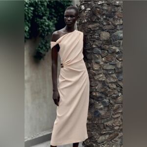 ASYMMETRIC LINEN-BLEND MIDI DRESS WITH APPLIQUEE